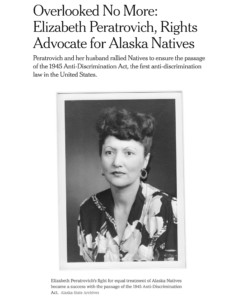 Civil Rights leader Elizabeth Peratrovich spearheaded the passage of the United States' first anti-discrimination law.